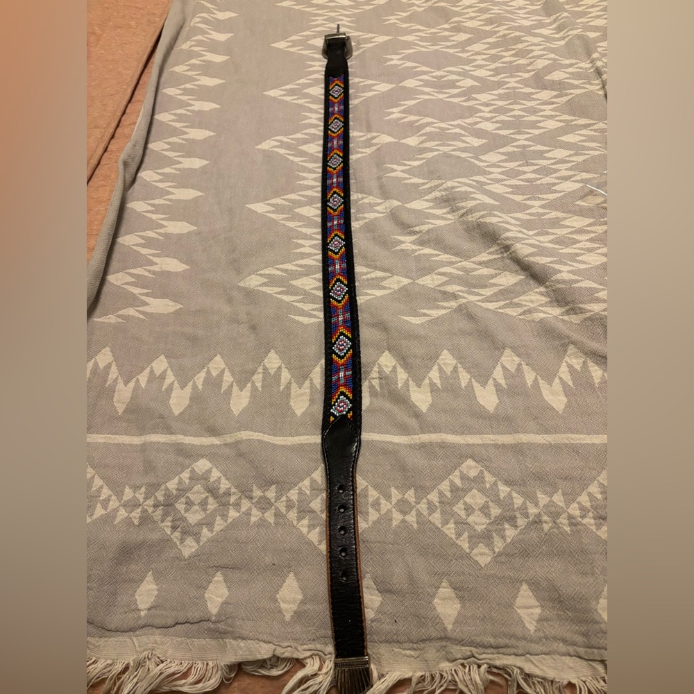 28in Navajo Bead Loom Black Leather Belt. Vintage! View 3